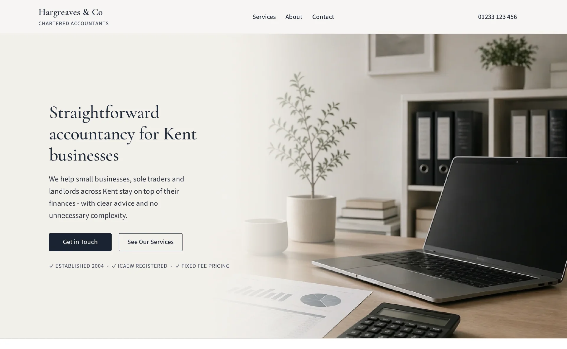 Example desktop homepage layout for a Kent accountancy firm